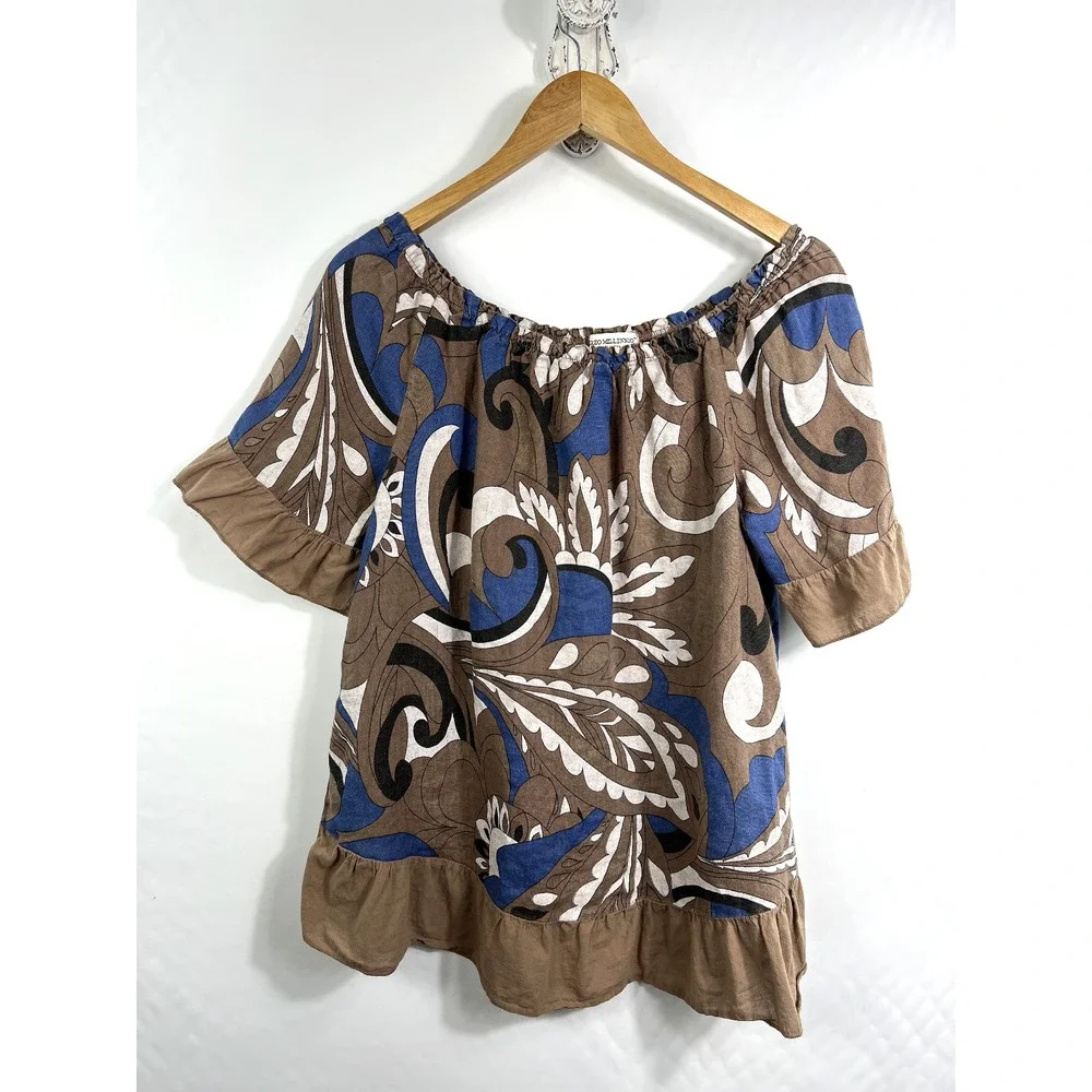 Terzo Millennio Women's Linen Blouse Top‎ Large Italy Ruffle Sleeve Coastal Boho